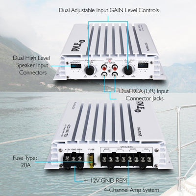 Pyle PLMRA400 400 Watt 4 Channel Marine Boat Audio Amplifier, White (For Parts)