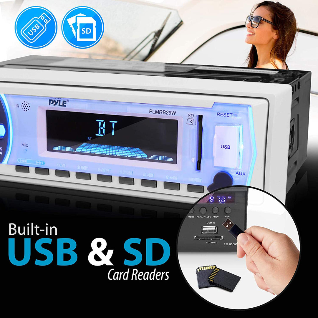 Pyle PLMRB29W Bluetooth Wireless In Dash Marine Stereo Radio Receiver, White - VMInnovations
