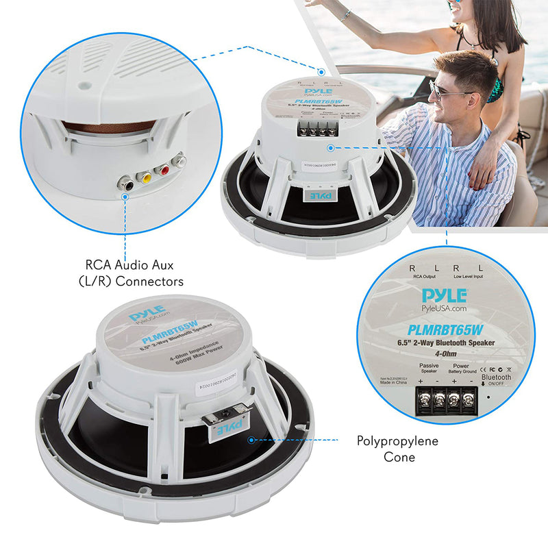 Pyle PLMRBT65W 6.5 Inch Waterproof Bluetooth Marine Speakers, White (4 Pack)