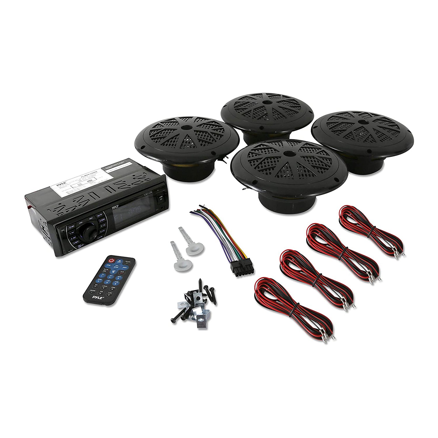Pyle 6.5 Inch Bluetooth Marine Receiver Stereo and Speaker Kit, Black (2 Pack)