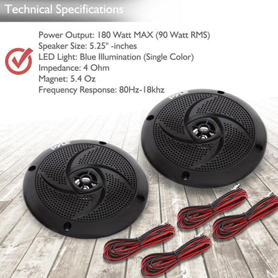 Pyle PLMRS53BL 5.25 Inch Waterproof Low Profile Marine Speakers, Black (8 Pack)