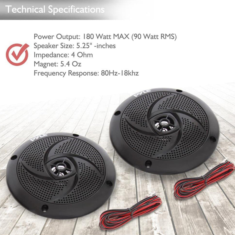 Pyle 5.25 Inch Waterproof Low Profile Marine Speakers, Black (2 Pack) (Open Box)