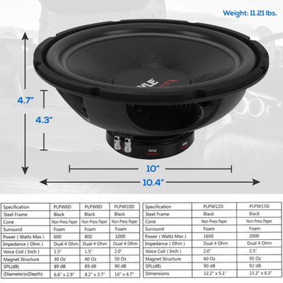 Pyle 10 Inch 1000 Watts Car Audio Steel Basket DVC 4 Ohm Subwoofer (Open Box)