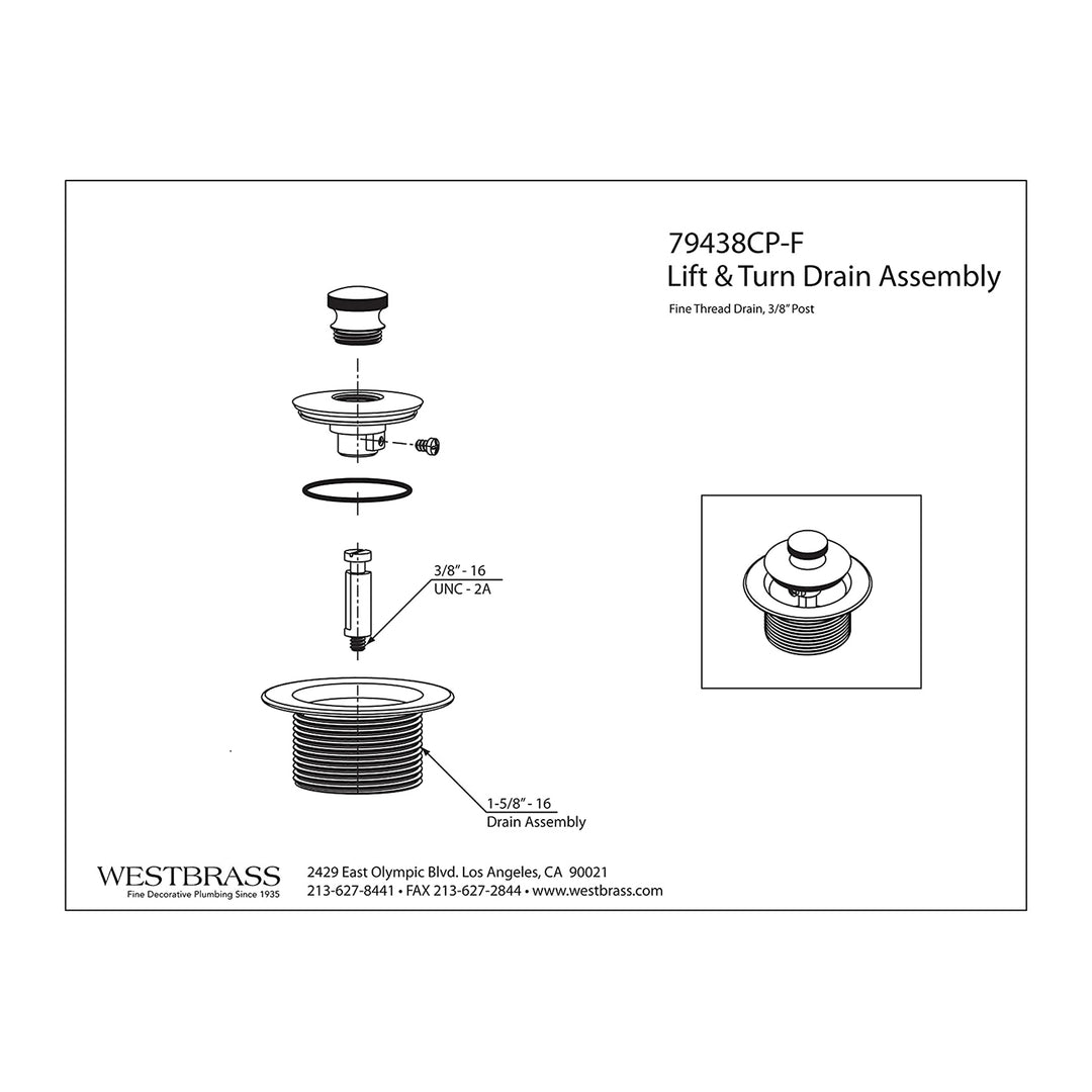 Westbrass 1.25 Inch Fine Thread Twist and Close Drain Plug, Chrome (Open Box)