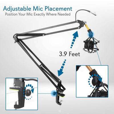 Pyle PMKSH04 Microphone Boom Suspension Scissor Spring Arm Clamp On Stand, Black