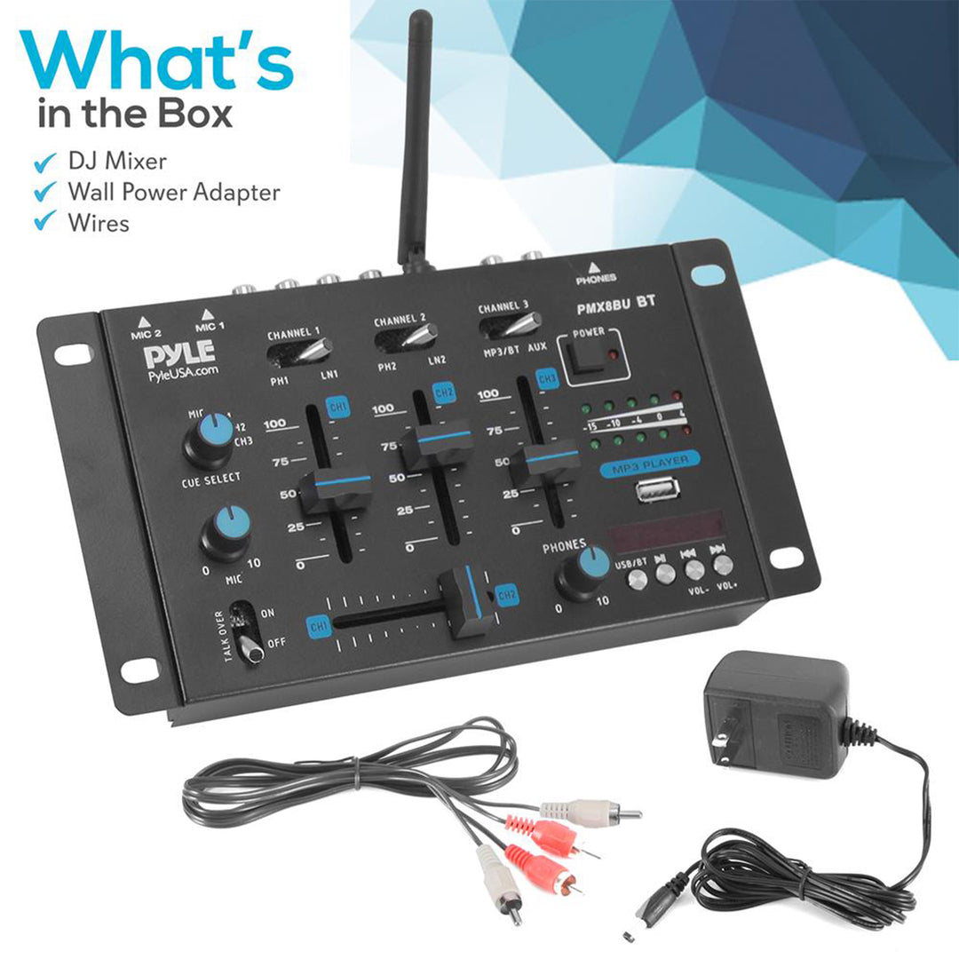 Pyle 3 Channel Bluetooth DJ Sound Board Mixer System with Mic Talkover(Open Box)