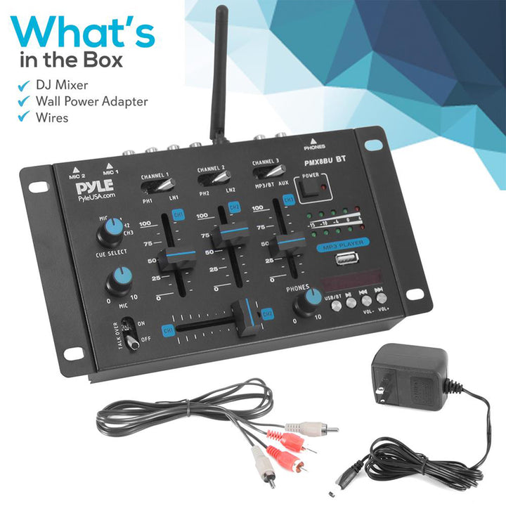 Pyle 3 Channel Bluetooth DJ Sound Board Mixer System with Mic Talkover(Open Box)