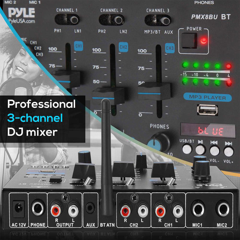 Pyle PMX8BU 3 Channel Bluetooth DJ Sound Board Mixer with Mic Talkover (4 Pack)