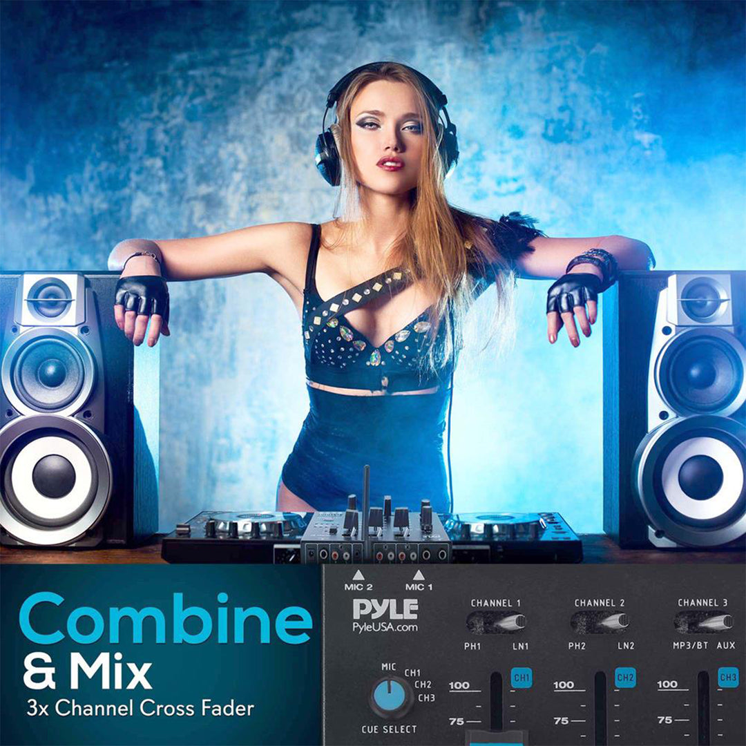 Pyle 3 Channel Bluetooth DJ Sound Board Mixer System with Mic Talkover(Open Box)