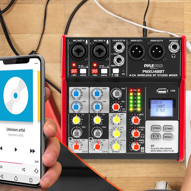 Pyle PMXU48BT 4 Channel Bluetooth Sound Board Mixer System for DJ Studio Audio