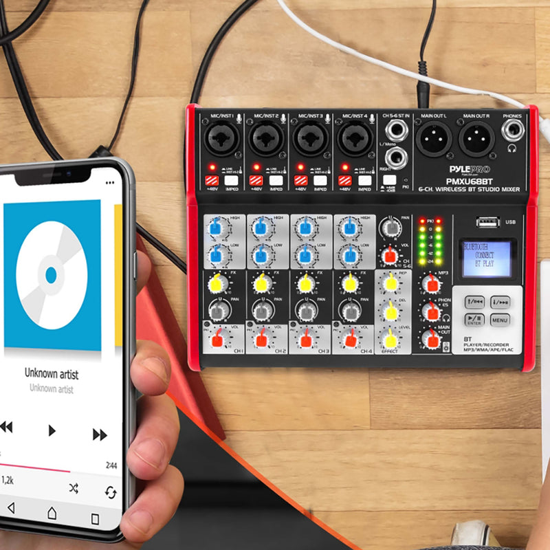 Pyle PMXU68BT 6 Channel Bluetooth Sound Board Mixer System for DJ Studio Audio