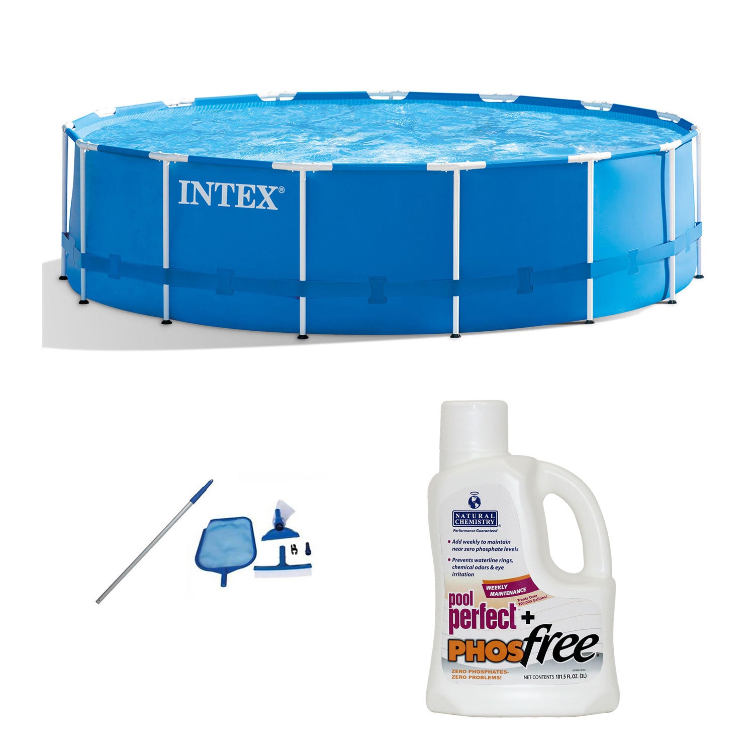 Intex 15ft x 48in Pool Set w/ Cleaning Kit & Natural Chemistry Maintenance Kit - VMInnovations
