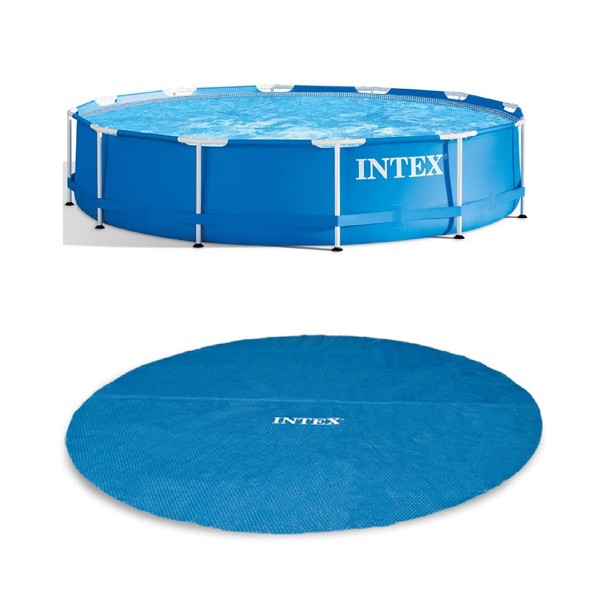 Intex 12 Foot x 30 In. Easy Set and Metal Frame Pool w/ Solar Cover Tarp, Blue - VMInnovations