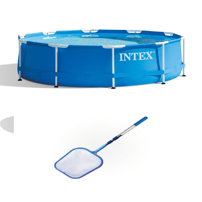 Intex 10ft x 30in Round Metal Frame Ground Swimming Pool & Swimline Skimmer Net - VMInnovations