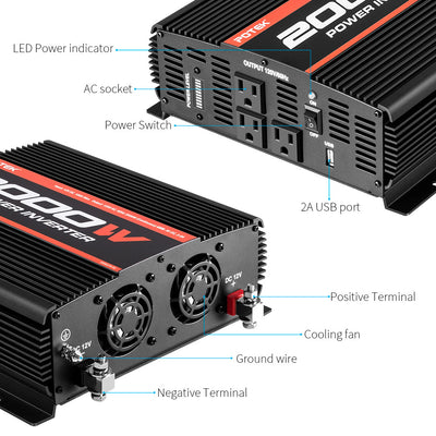 Potek MA2000-1111 2000W 3 AC Outlet & USB Port Portable Power Inverter, Black