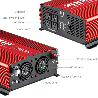 Potek 3000W 4 AC Outlet & 2 USB Port Portable Power Inverter, Red (Open Box)