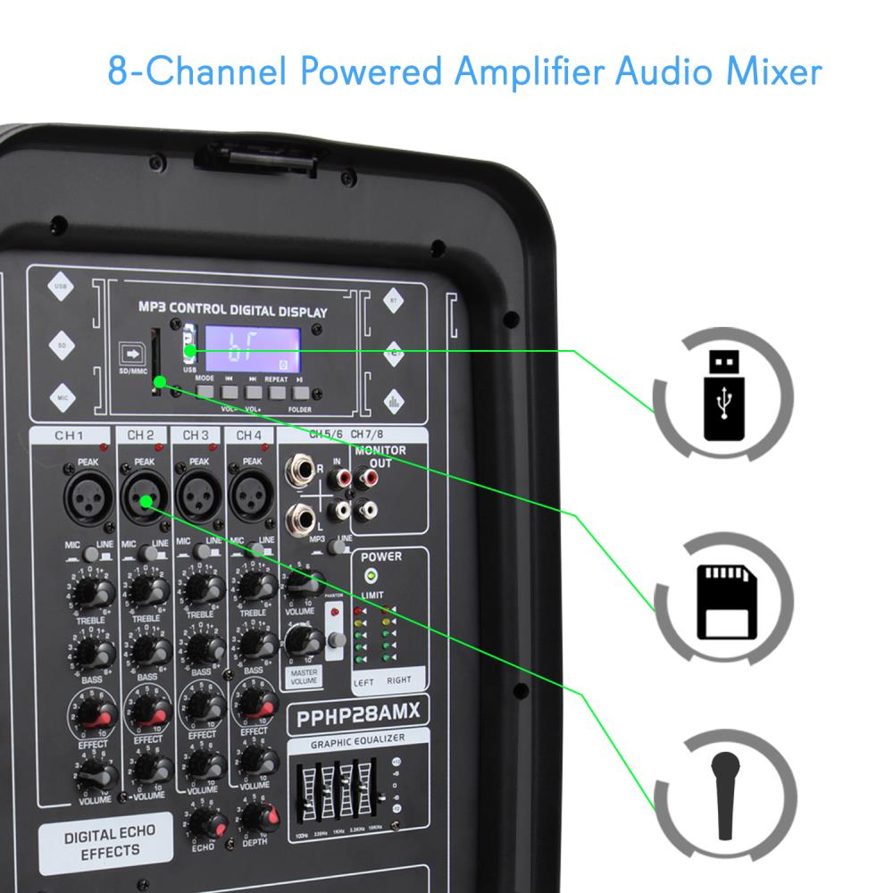 Pyle 2 x PPHP28AMX 8 Inch Bluetooth PA Loud Speaker and 8 Channel Mixer (2 Pack)