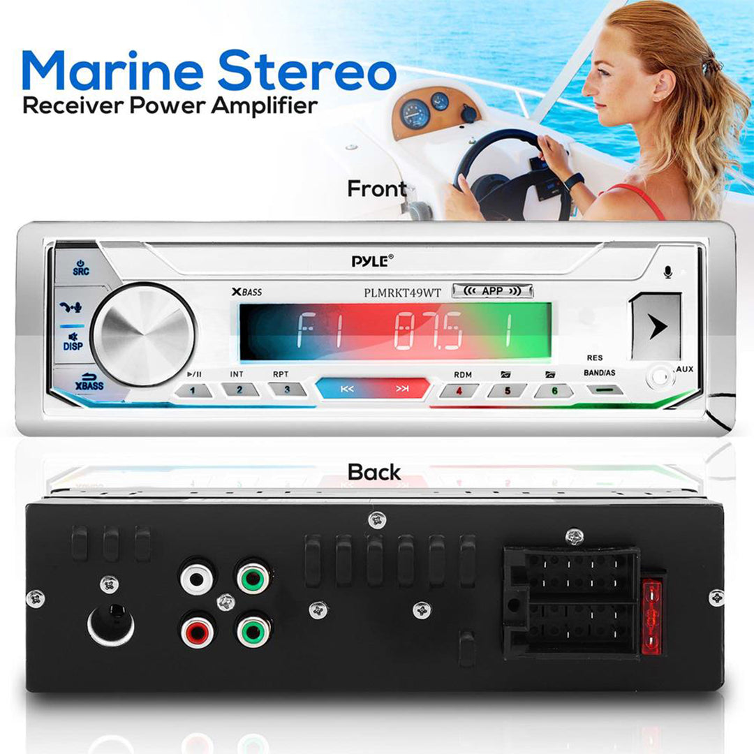 Pyle PLMRKT32WT Marine Receiver Stereo System w/ Pair 5.25 Inch Speakers, White