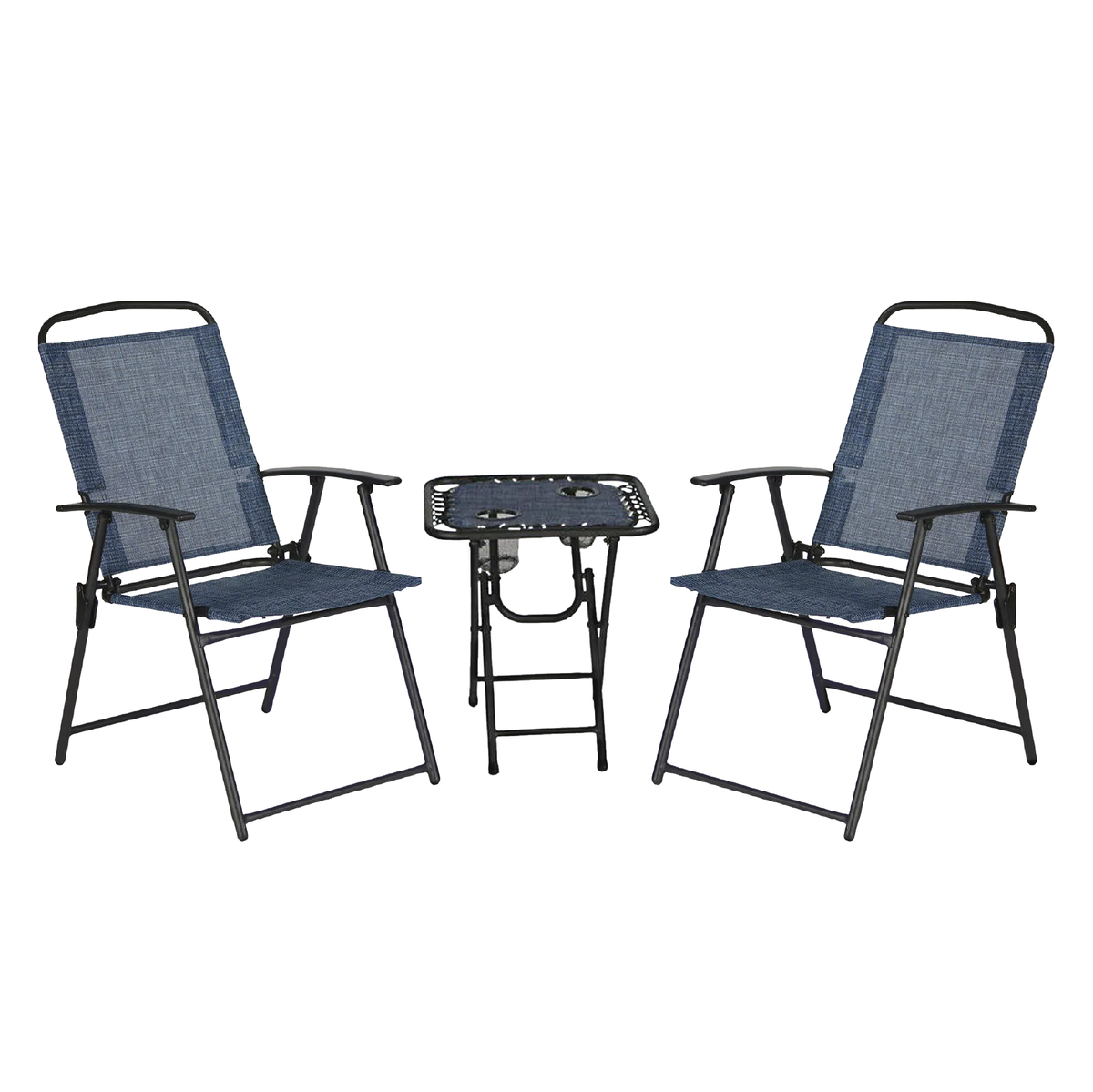 Trappers Peak 3-Piece Folding Outdoor Patio Chairs and Table, Blue - VMInnovations