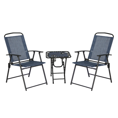 Trappers Peak 3-Piece Folding Outdoor Patio Chairs and Table, Blue - VMInnovations
