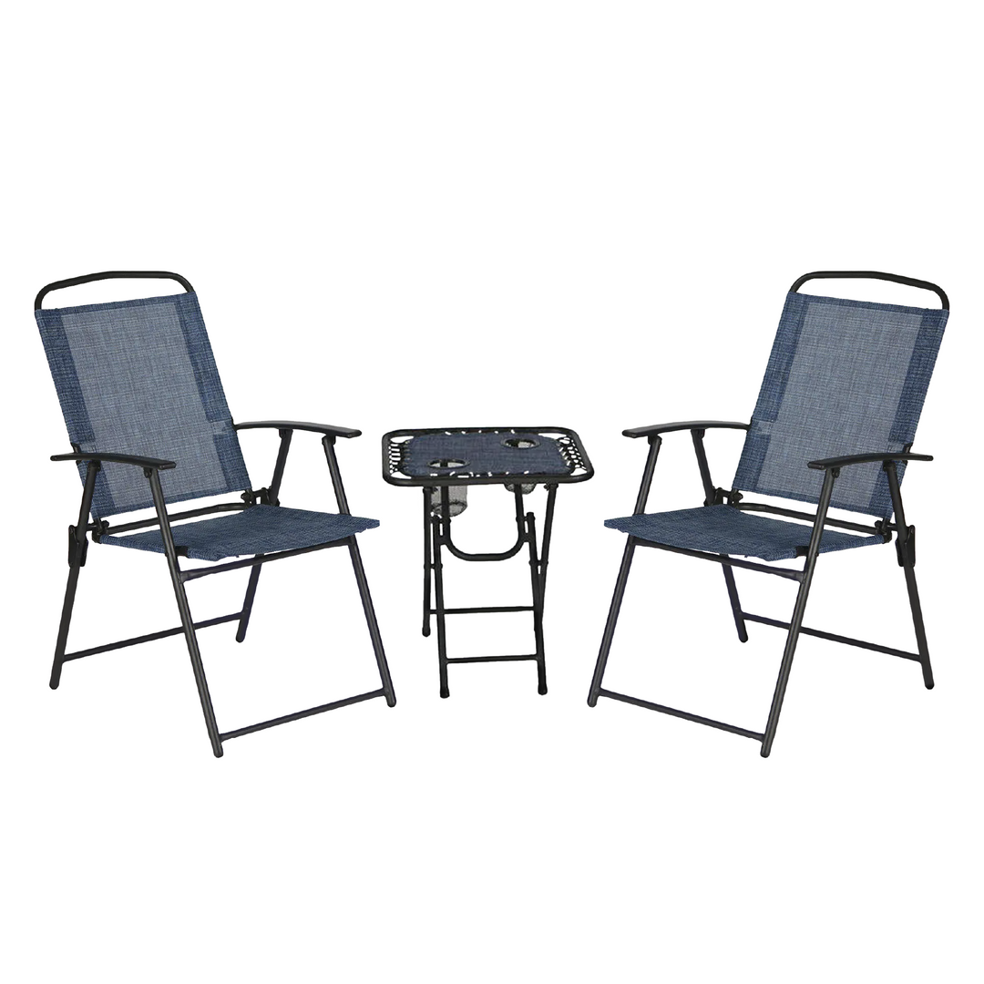 Trappers Peak 3-Piece Folding Outdoor Patio Chairs and Table, Blue (Open Box)