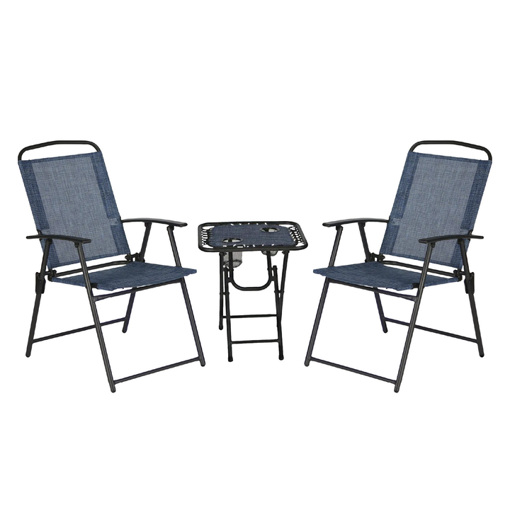 Trappers Peak 3-Piece Folding Outdoor Patio Chairs and Table, Blue (Open Box)