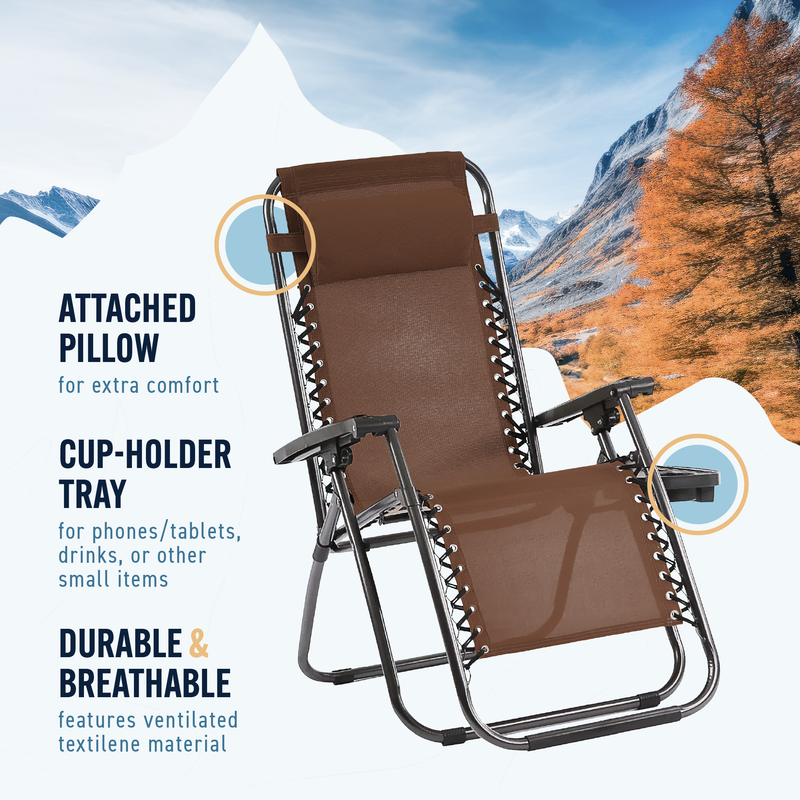 Trappers Peak Adjustable Zero-Gravity Folding Chairs, Set of 2, Brown