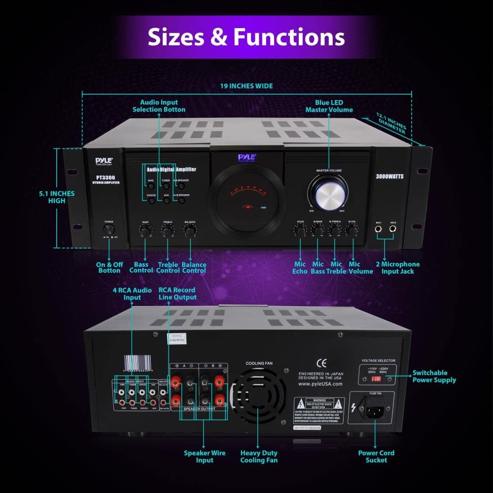 PYLE PRO PT3300 3000 Watt Rack Mountable Home Power Stereo LED PA DJ Amplifier