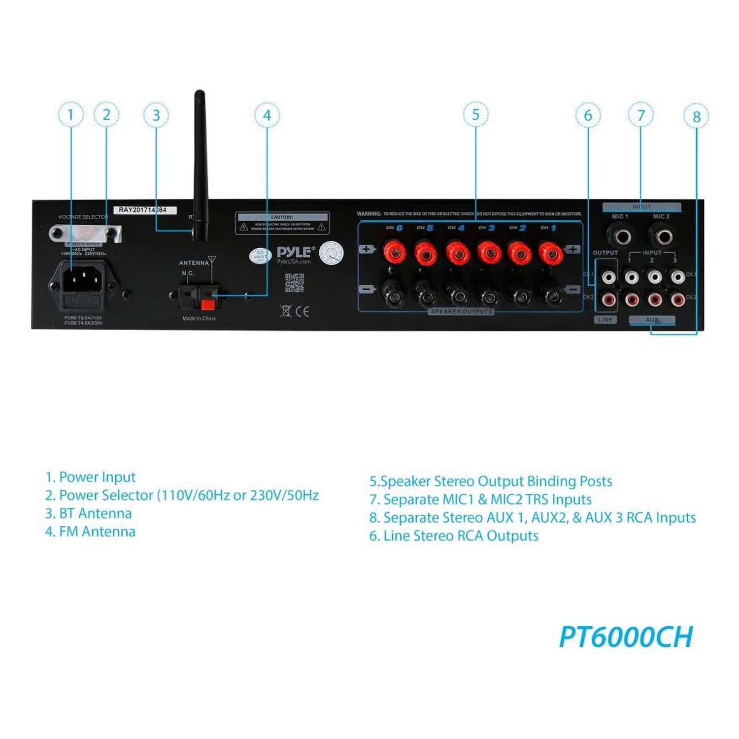 Pyle PT6000CH Bluetooth Home Audio 4200 Watt 6 Channel Amplifier Stereo Receiver - VMInnovations