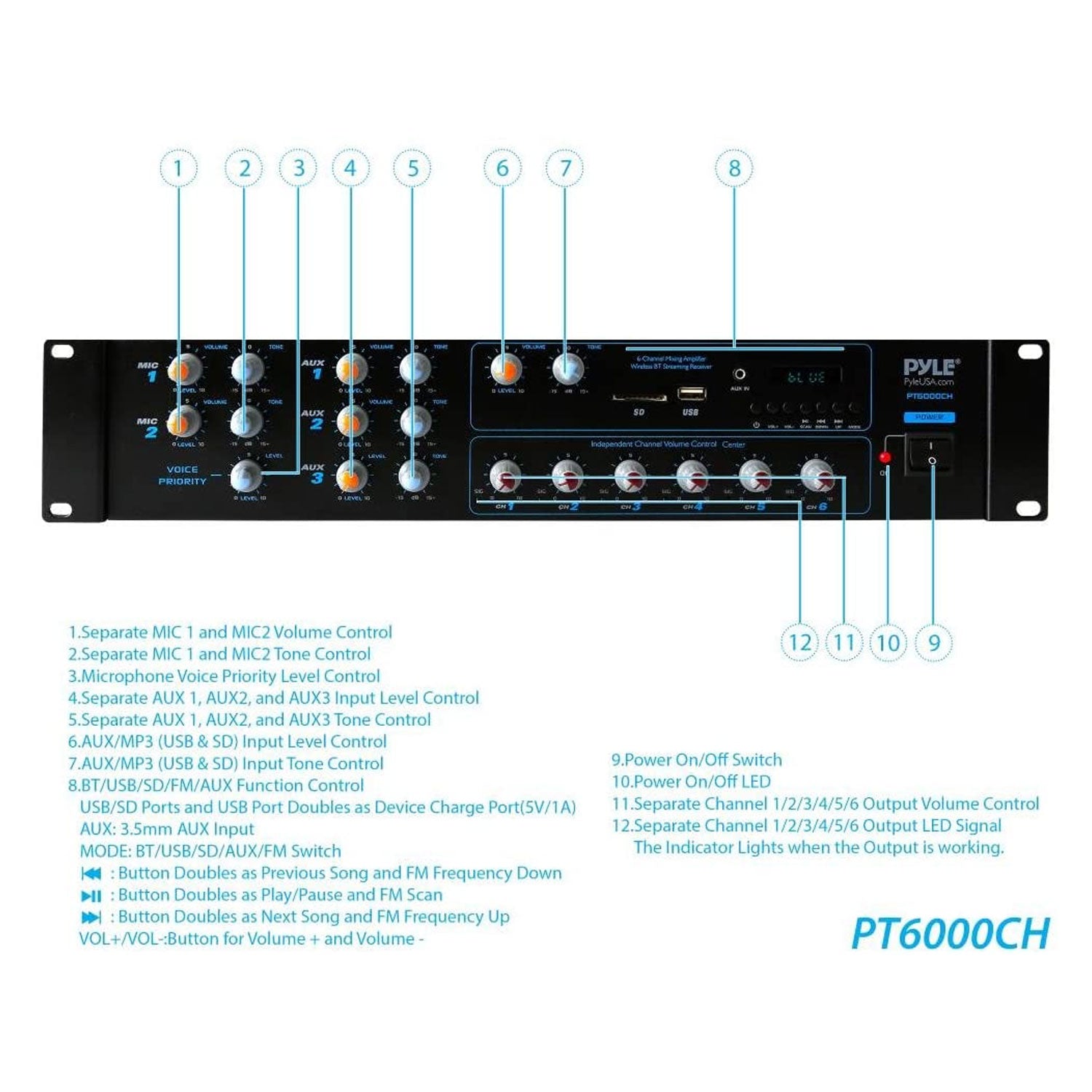 Pyle PT6000CH Bluetooth Home Audio 4200 Watt 6 Channel Amplifier Stereo Receiver - VMInnovations