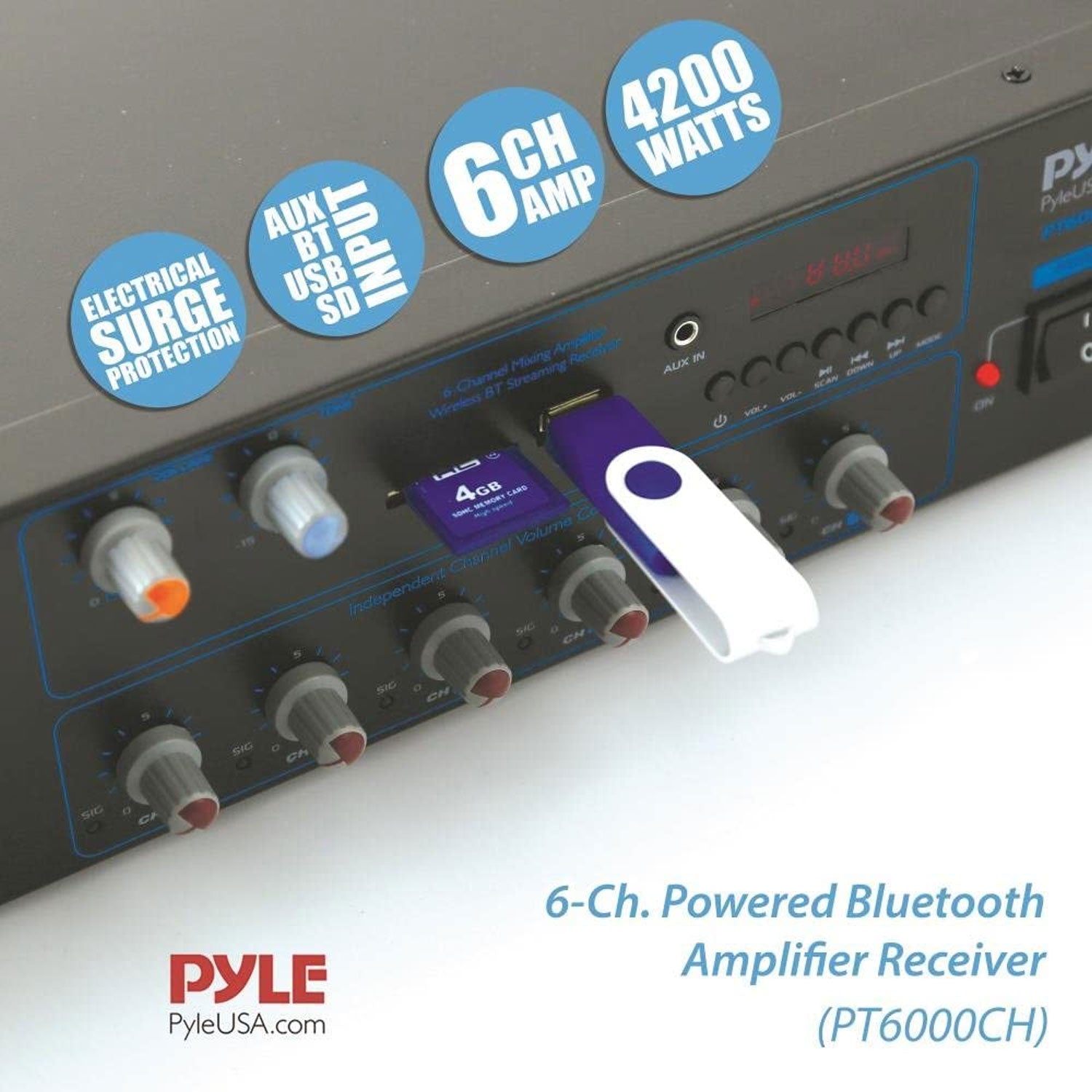 Pyle PT6000CH Bluetooth Home Audio 4200 Watt 6 Channel Amplifier Stereo Receiver - VMInnovations
