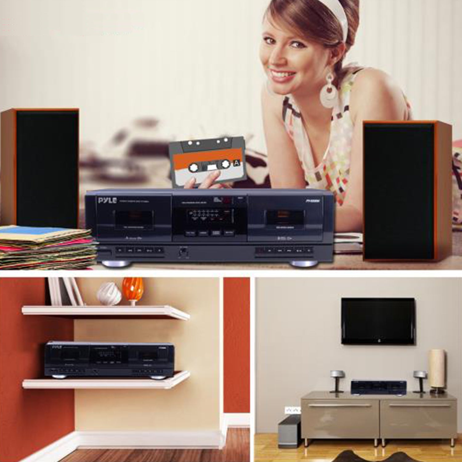 Pyle PT-659DU Dual Stereo Cassette Deck Music Player System with MP3 Converter