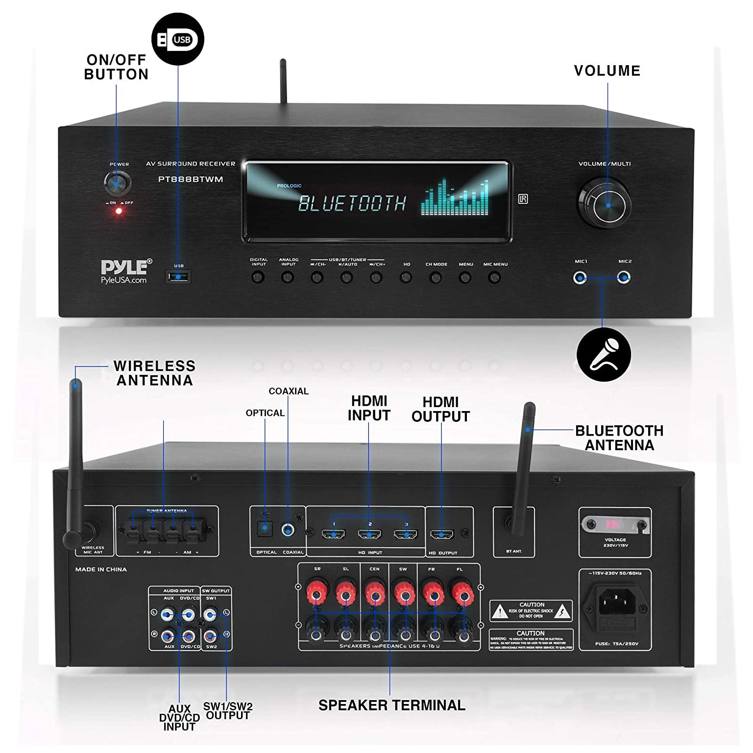 Pyle 5.2 Channel Bluetooth Audio Receiver Amp w/ 2 Microphones, Black (Open Box) - VMInnovations