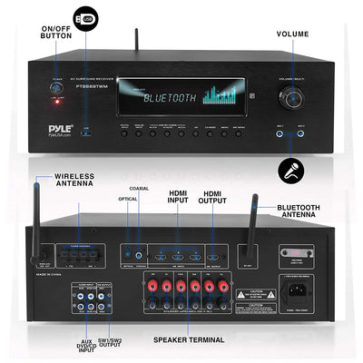Pyle 5.2 Channel Bluetooth Audio Receiver Amp w/ 2 Microphones, Black (Open Box) - VMInnovations