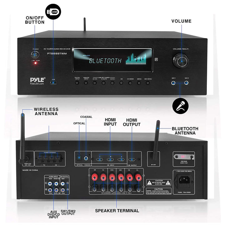 Pyle 5.2 Channel Bluetooth Audio Receiver Amp w/ 2 Microphones, Black (Open Box)