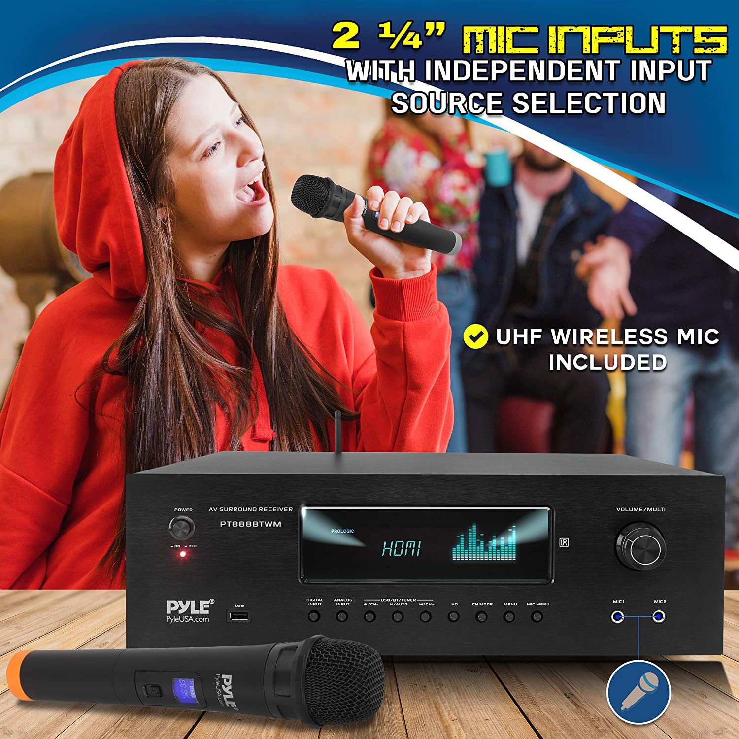 Pyle 5.2 Channel Bluetooth Audio Receiver Amp w/ 2 Microphones, Black (Open Box) - VMInnovations