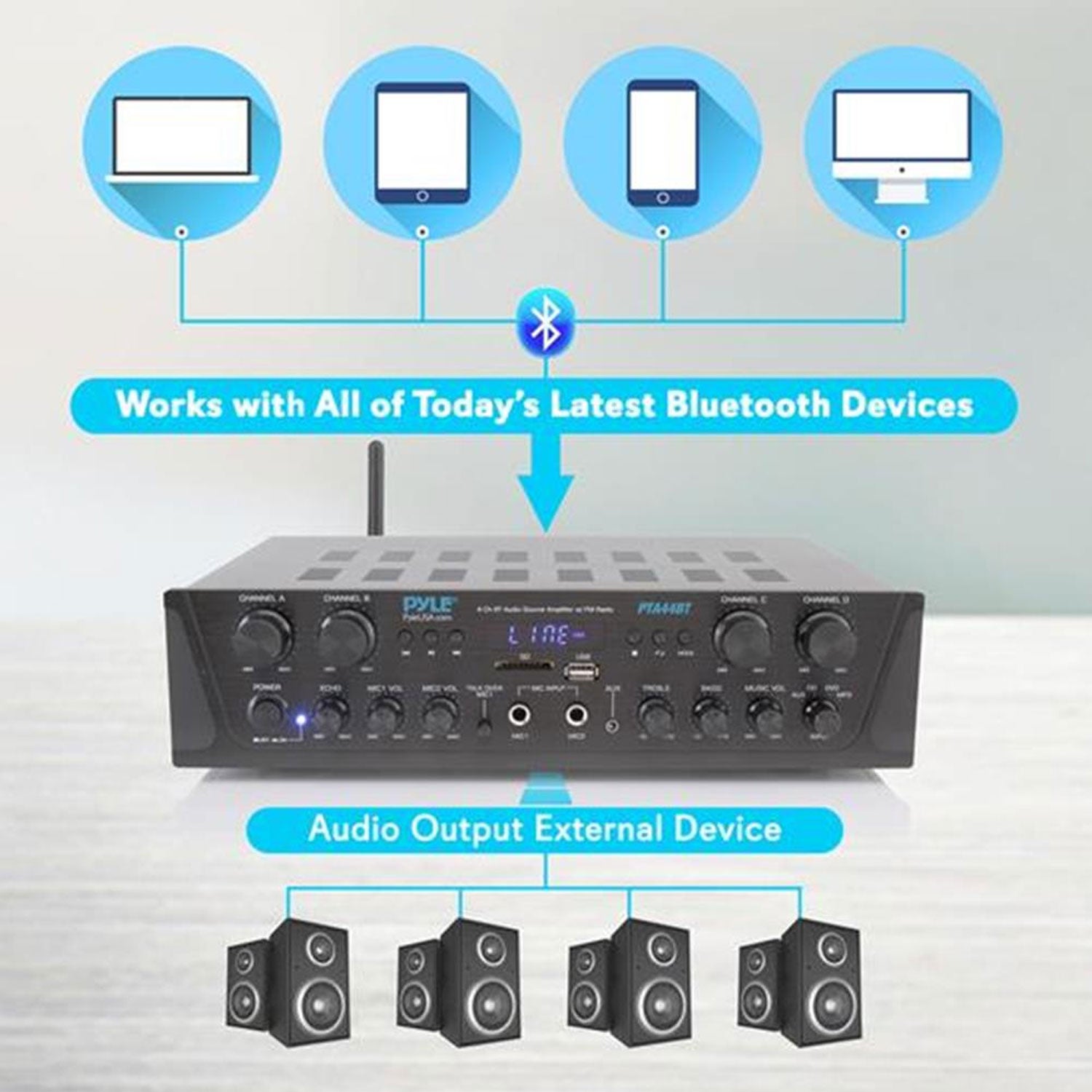 Pyle PTA44BT Bluetooth Home Audio 500 Watt 4 Channel Amplifier Receiver (4 Pack) - VMInnovations