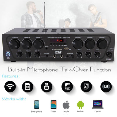 Pyle Bluetooth Home Audio 750W 6 Channel Amplifier Stereo Receiver (Open Box)