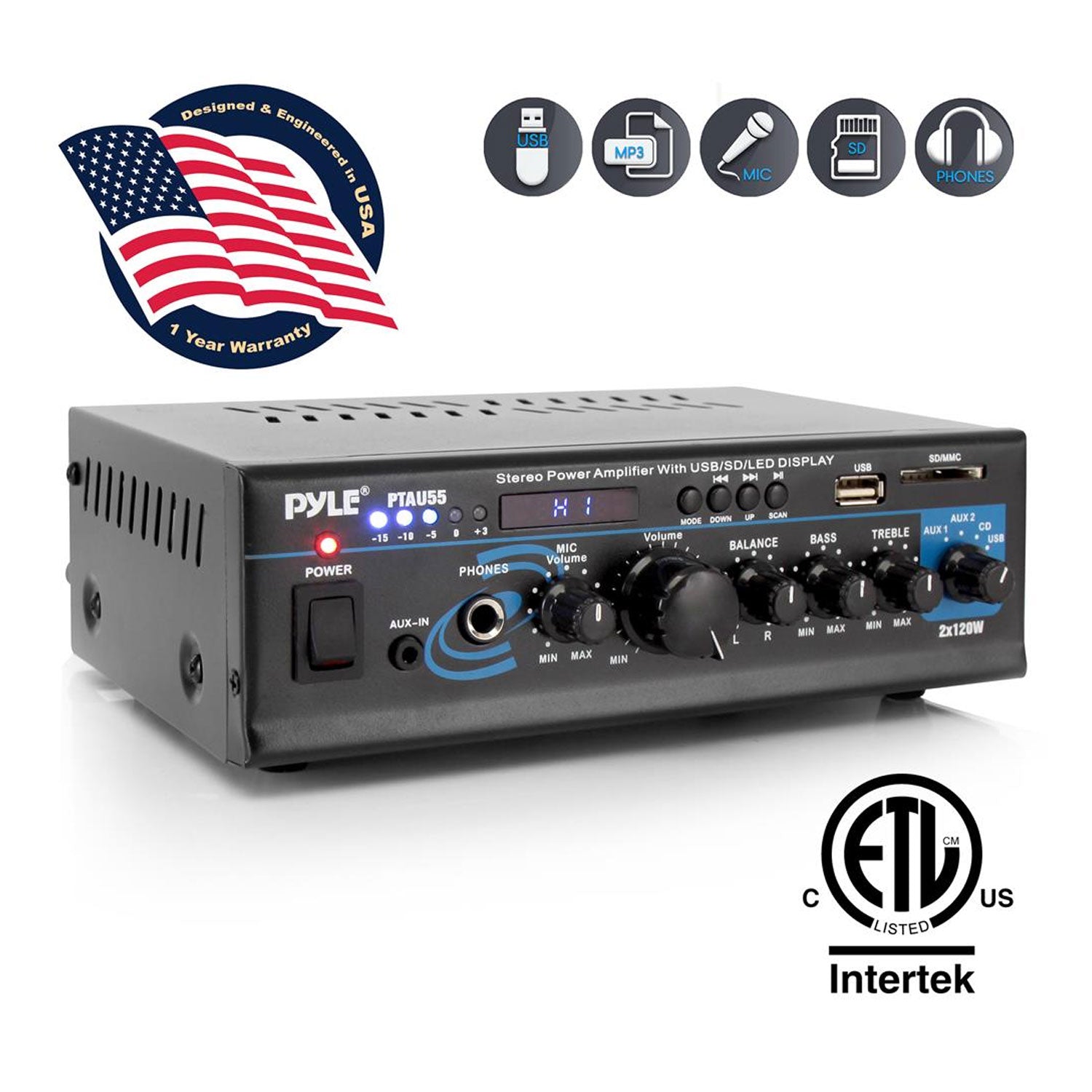 Pyle PTAU55 Bluetooth Home Audio 2 x 120 Watt 2 Channel Power Amplifier Receiver - VMInnovations