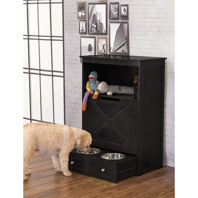 Zoovilla Pet Feeder Large Storage Bin with Hidden Elevated Dog Bowl Stand, Black