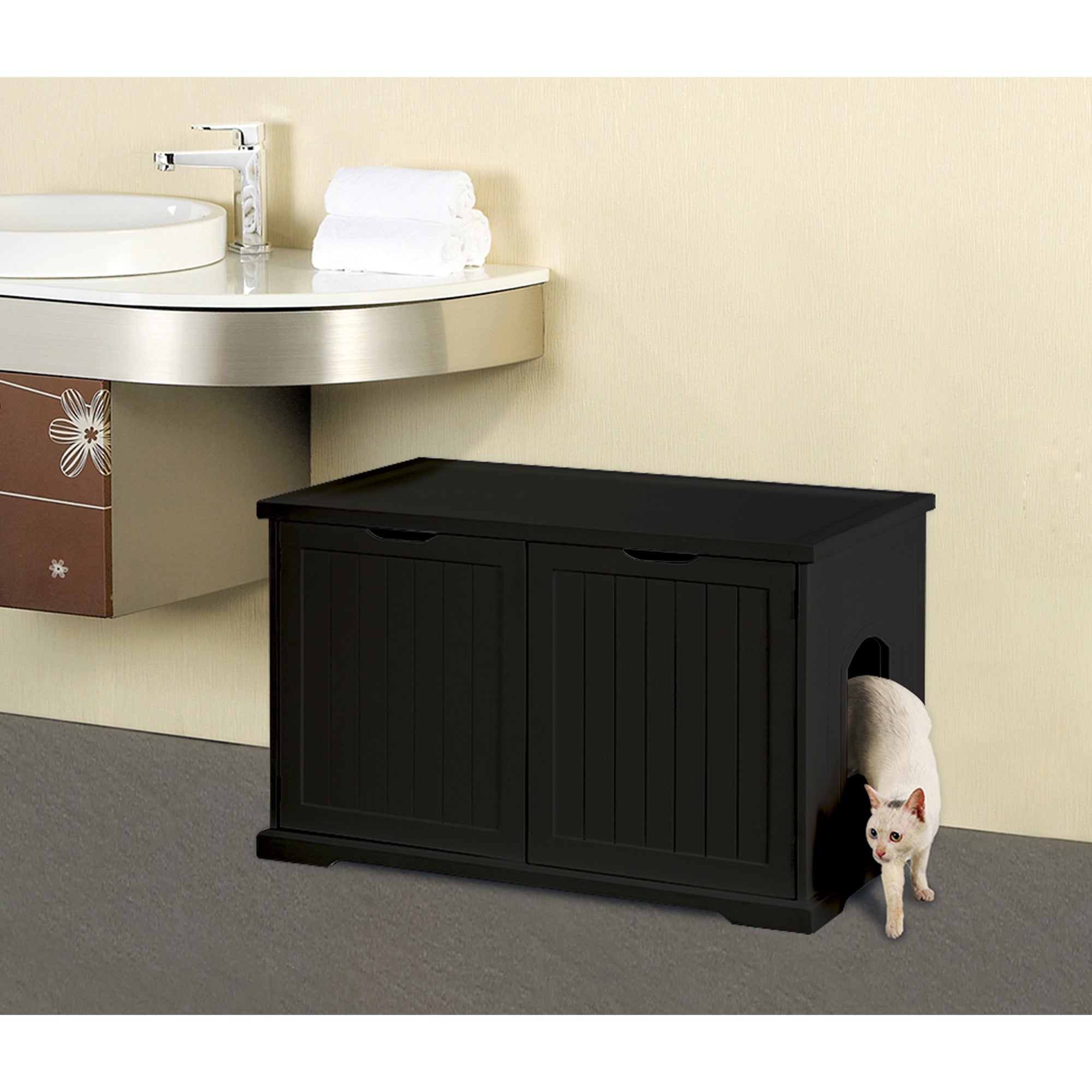 Merry Products Pet Cat Washroom Bench Box with Removable Partition Wall, White + Merry Products Decorative Bench with Enclosed Cat Litter Washroom Box, Black - VMInnovations