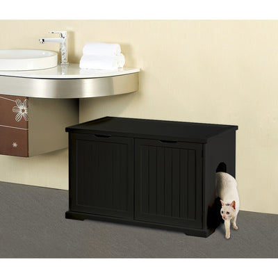 Merry Products Pet Cat Washroom Bench Box with Removable Partition Wall, White + Merry Products Decorative Bench with Enclosed Cat Litter Washroom Box, Black - VMInnovations