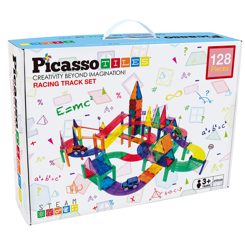 Picasso Tiles 128 Piece Magnetic Kids Toy Building Kit Race Track Set w/ 3 Cars