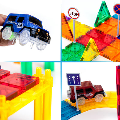 128 Piece Magnetic Kids Toy Building Kit Race Track Set w/ 3 Cars (Used)