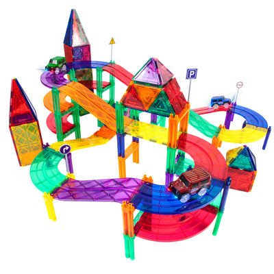128 Piece Magnetic Kids Toy Building Kit Race Track Set w/ 3 Cars (Used) - VMInnovations