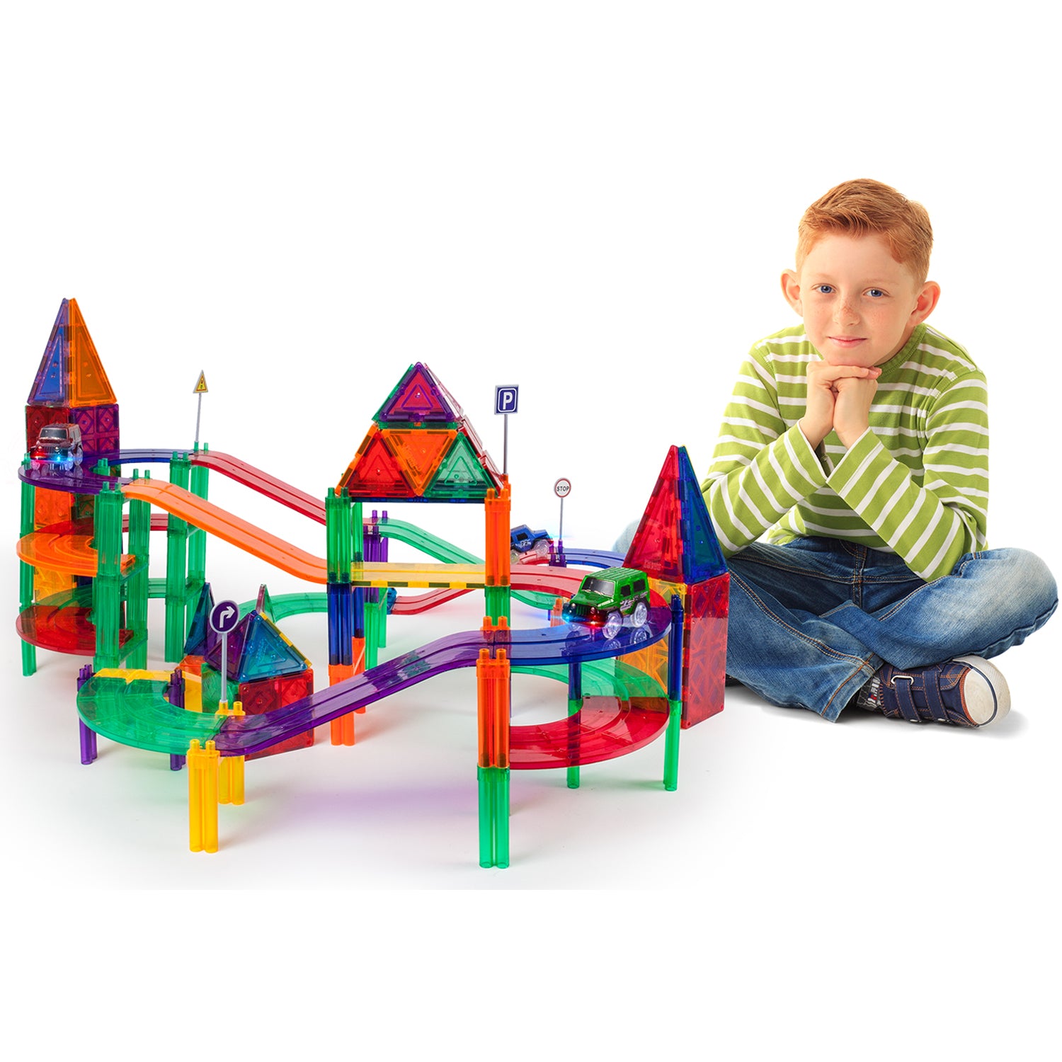 128 Piece Magnetic Kids Toy Building Kit Race Track Set w/ 3 Cars (Used) - VMInnovations