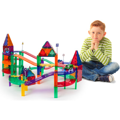 128 Piece Magnetic Kids Toy Building Kit Race Track Set w/ 3 Cars (Used) - VMInnovations