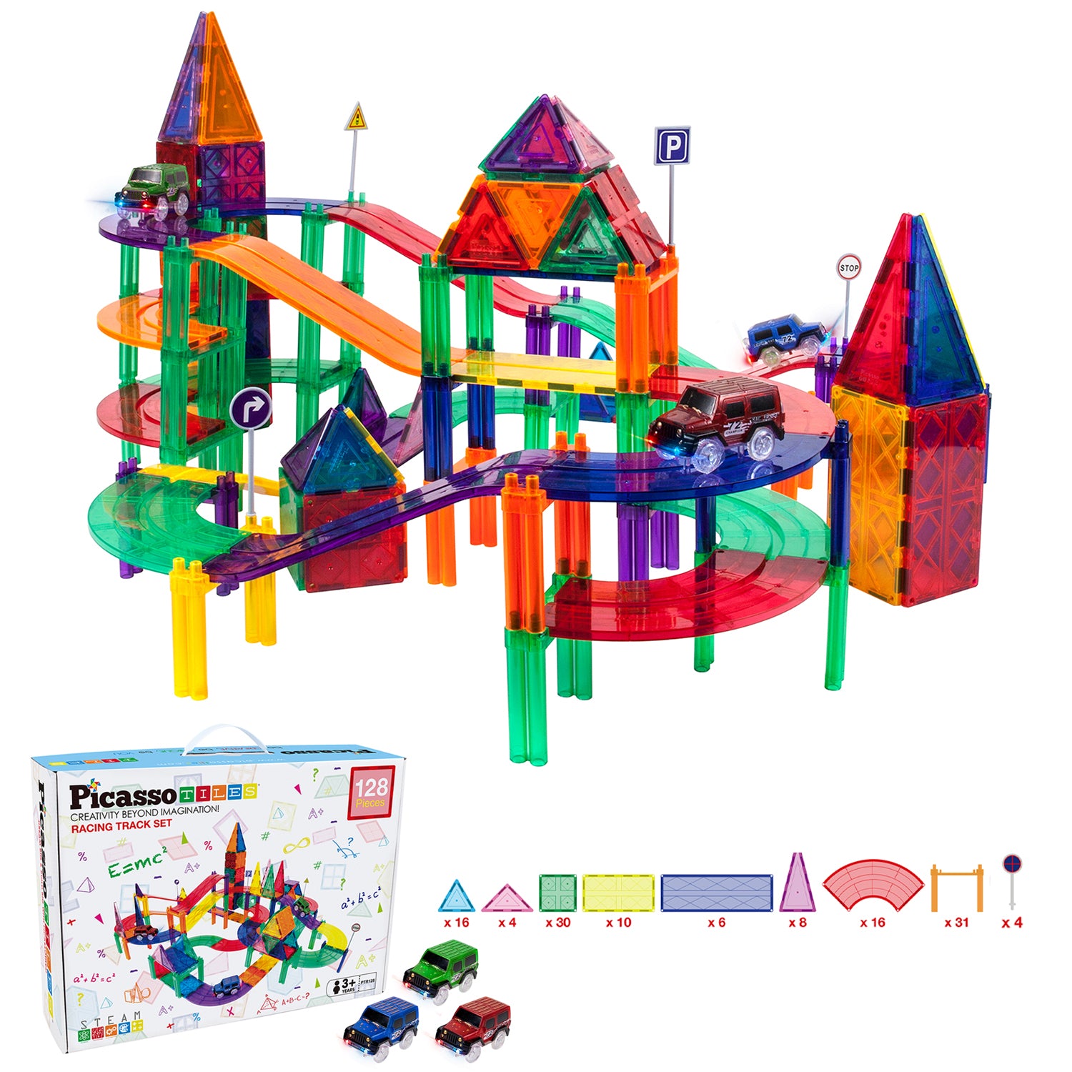 Picasso Tiles 128 Piece Magnetic Kids Toy Building Kit Race Track Set w/ 3 Cars - VMInnovations