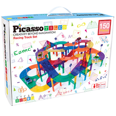 Picasso Tiles 150 Piece Magnetic Kids Toy Building Kit Race Track Set w/ 4 Cars - VMInnovations