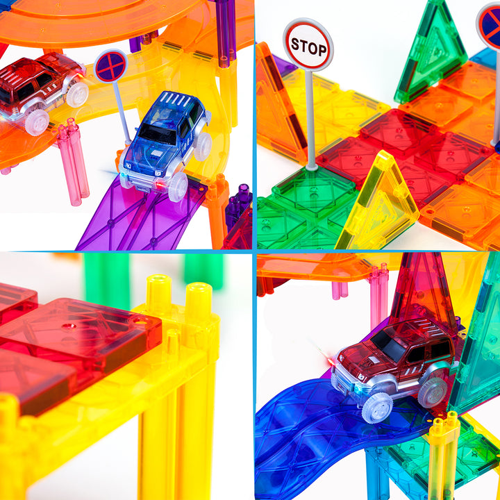 Picasso Tiles 150 Piece Magnetic Kids Toy Building Kit Race Track Set w/ 4 Cars - VMInnovations